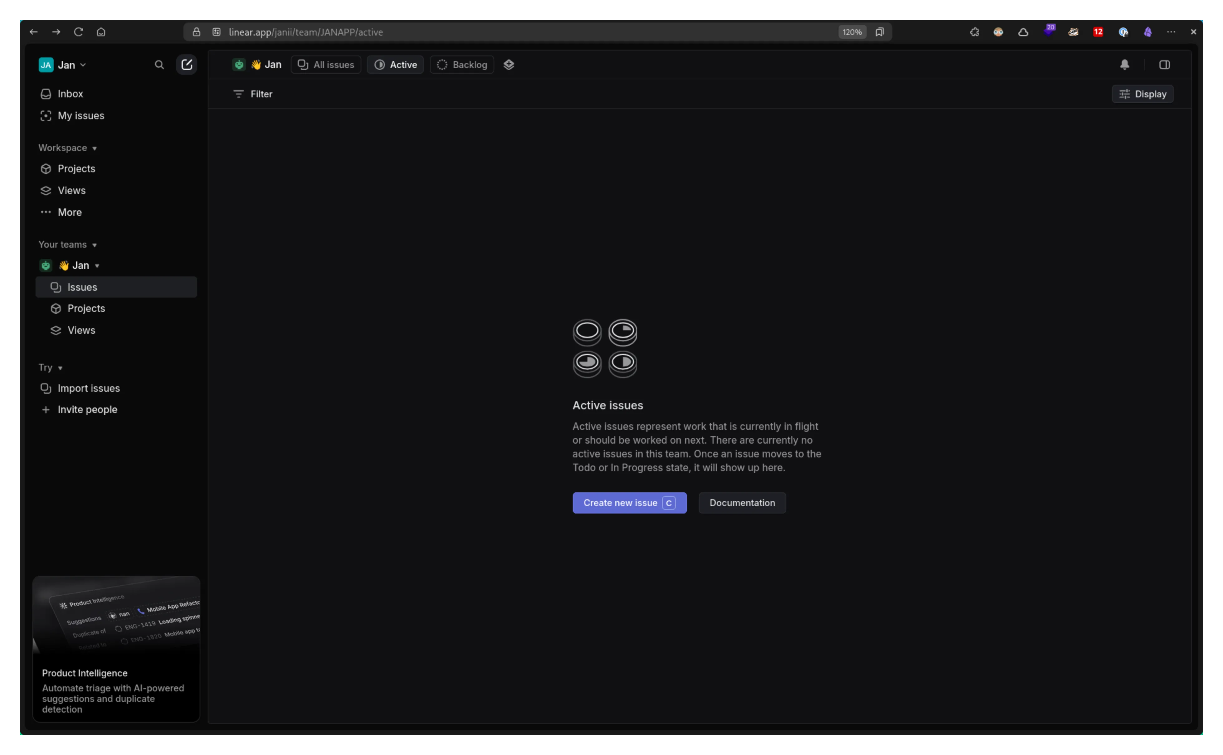 Linear main dashboard