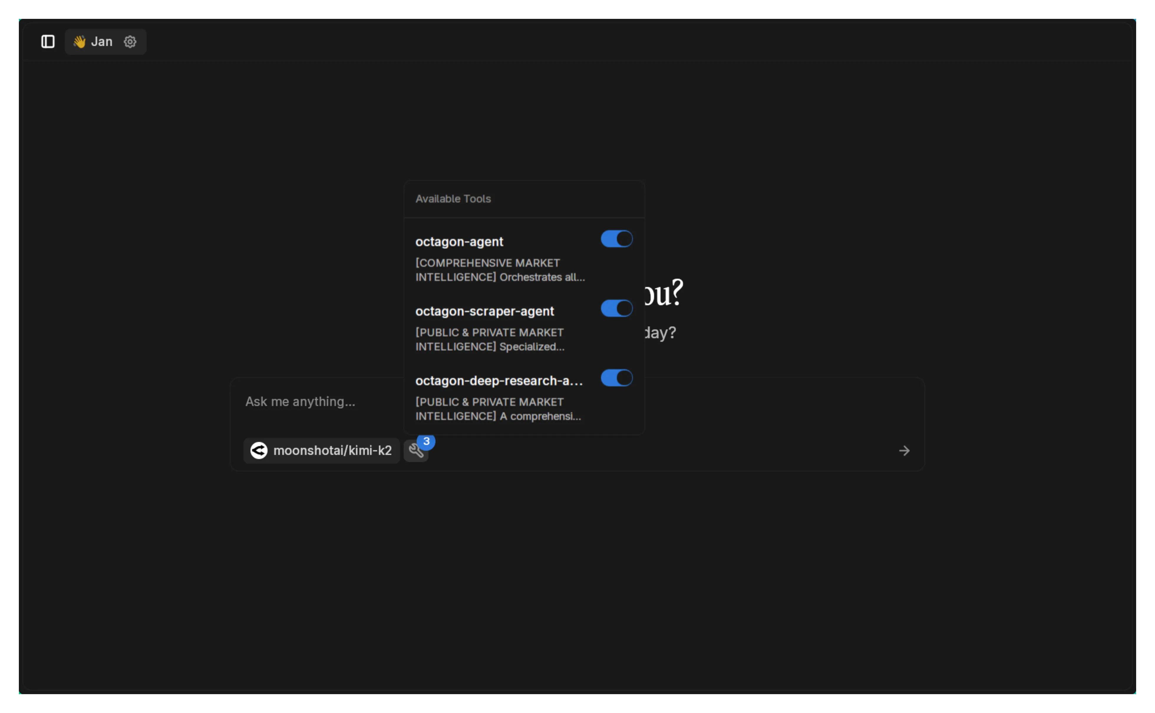 Chat interface showing available Octagon tools with moonshotai/kimi-k2 model