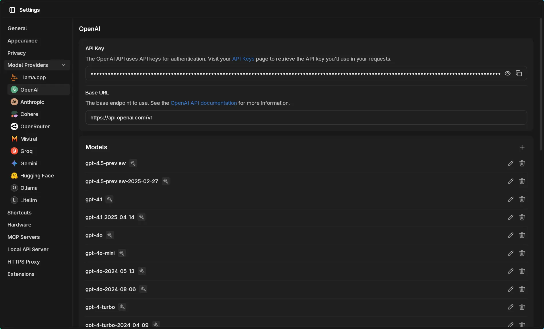 OpenAI settings page